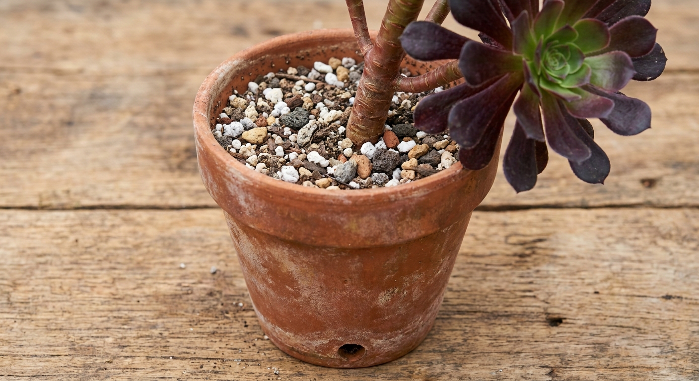 Close-up of a terracotta pot with a visible drainage hole and gritty succulent soil, with an Aeonium stem emerging from the center