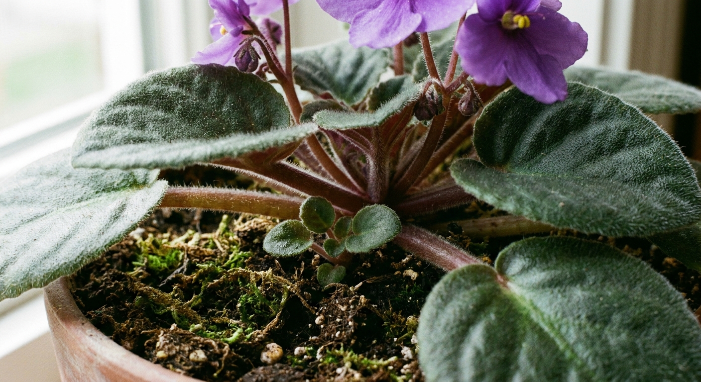 Close-up of an African violet showing a small side sucker growing near the base alongside the main crown, real photo style