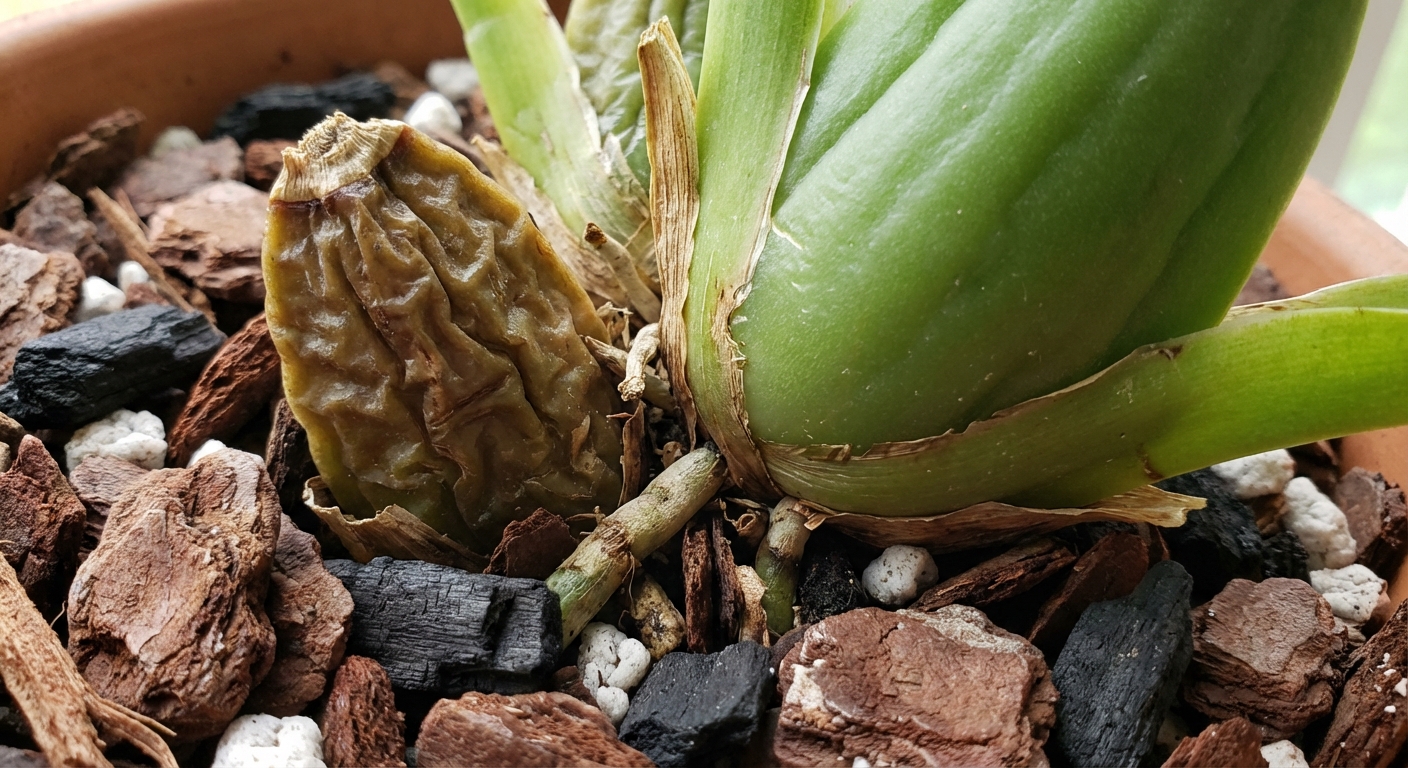Close-up of an Oncidium orchid base showing one wrinkled pseudobulb beside a newer, plumper pseudobulb in chunky orchid bark