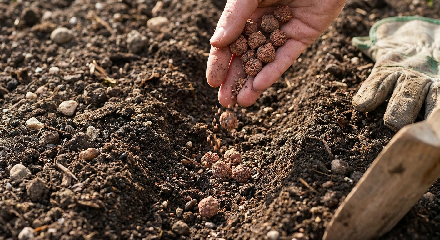 Close-up of beet seedballs being sprinkled into a shallow garden furrow in loose soil
