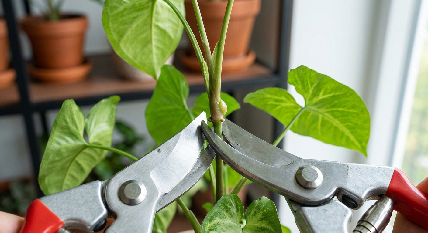 Close-up of clean pruning shears cutting a Syngonium stem just above a node, with healthy green arrowhead leaves in focus, indoor plant care scene, photorealistic