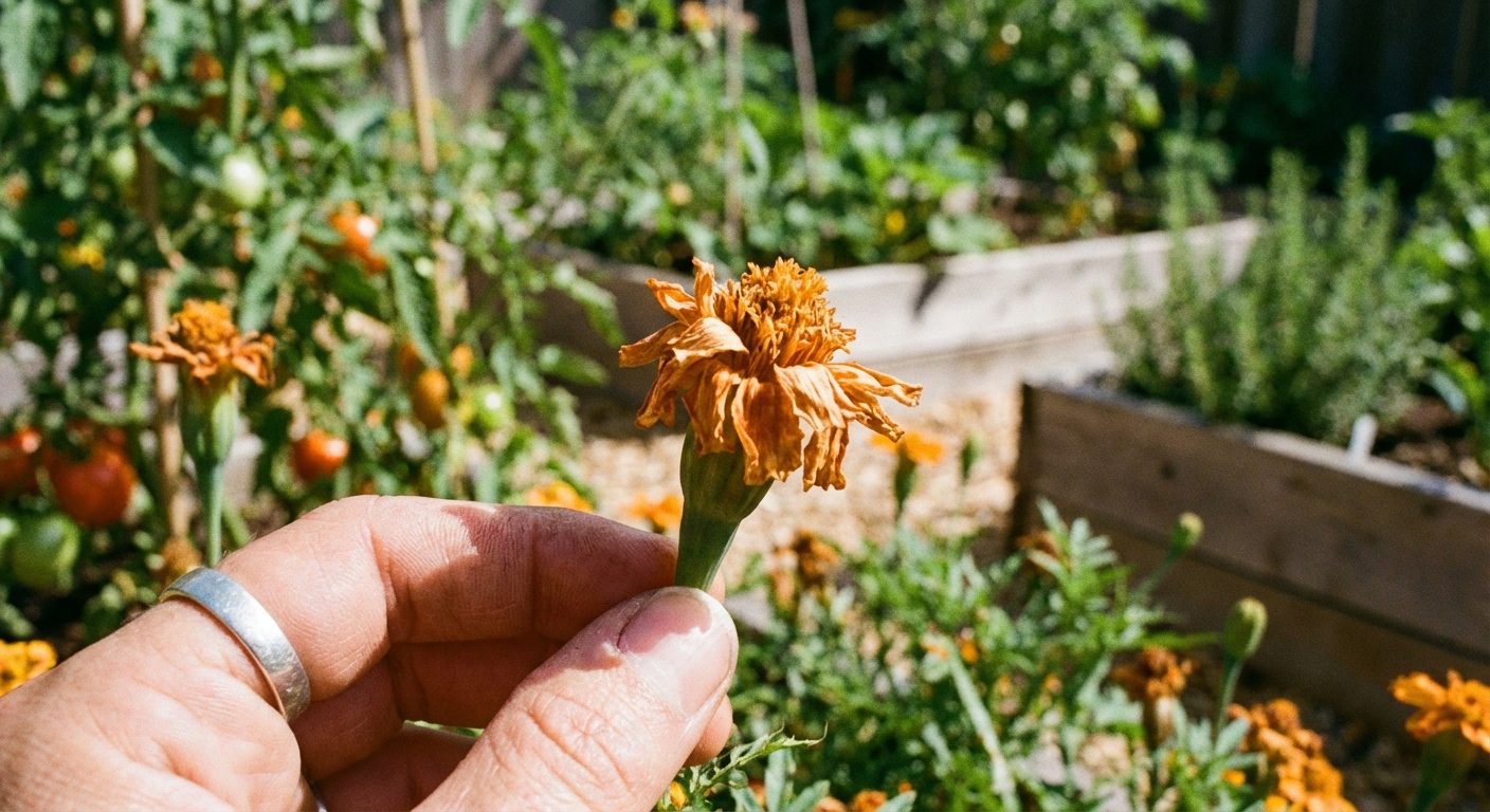 Close-up of fingers pinching off a faded orange marigold flower head from a green stem in a sunny vegetable garden border, photorealistic