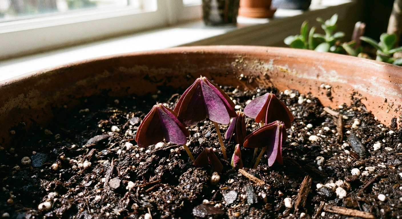 Close-up of fresh purple oxalis shoots emerging from potting soil in a small indoor pot, shallow depth of field, natural window light, photorealistic