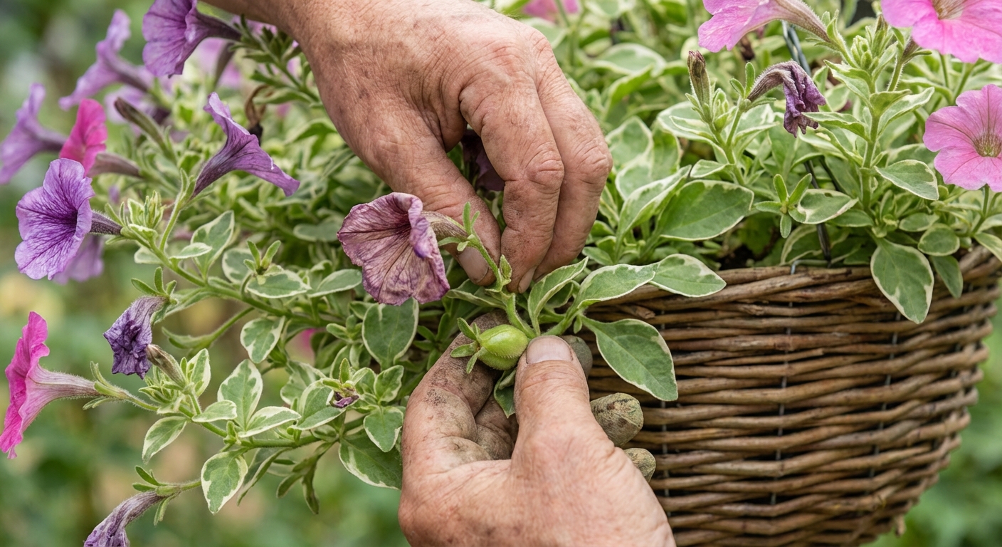 Close-up of hands pinching off a wilted petunia flower including the green seed pod behind it on a trailing petunia plant in a hanging basket, photorealistic