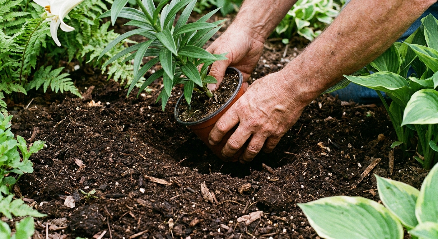 Close-up of hands placing an Easter lily plant into a freshly dug hole in a garden bed, with dark compost-rich soil and green leaves visible, realistic photography style