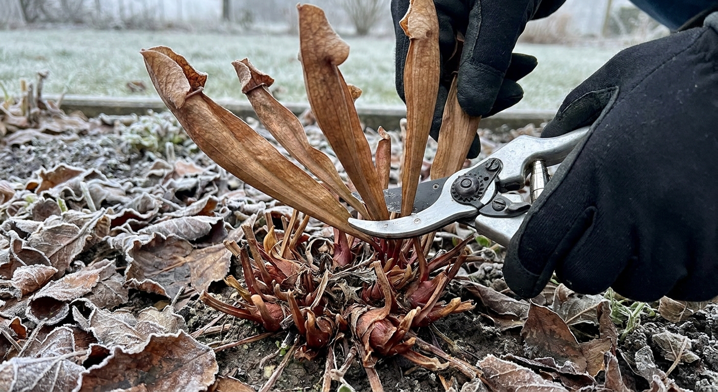 Close-up of hands using clean scissors to trim fully brown Sarracenia pitchers above the rhizome crown in winter, real photo