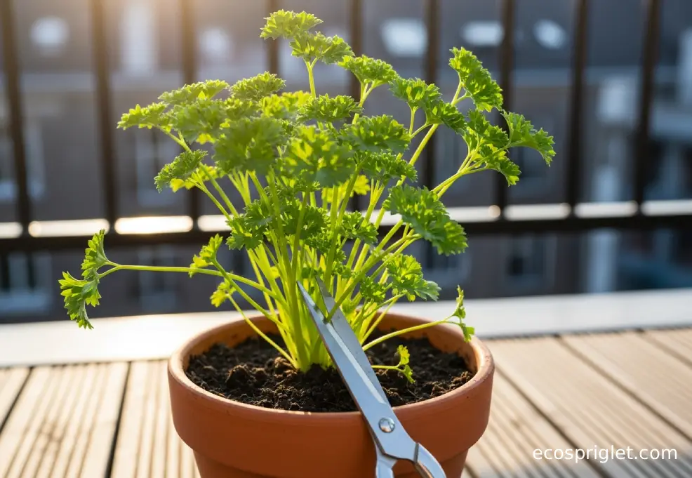 Close-up of hands using small garden snips to cut outer parsley stems near the soil line in a garden bed, real-life gardening photo