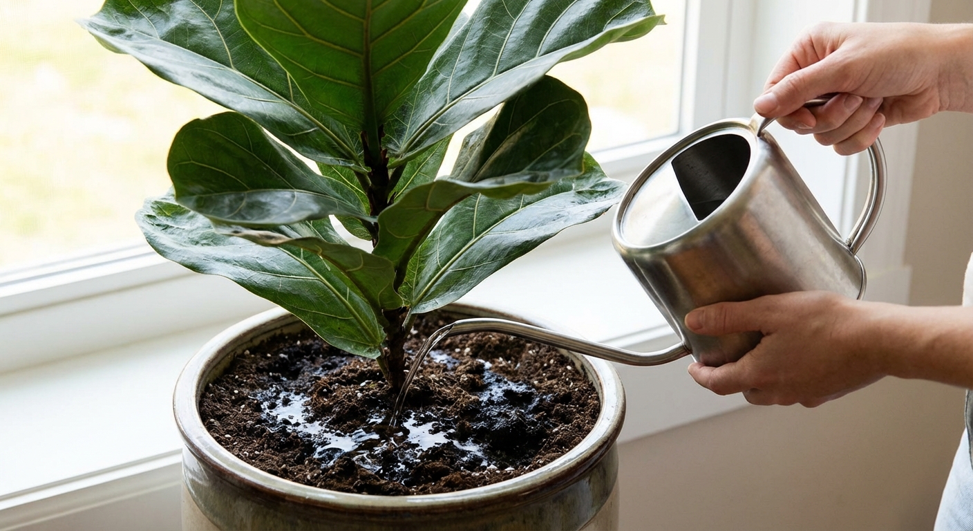 Close up of hands watering a fiddle leaf fig in a pot with a watering can, water soaking evenly into the soil near a bright window, photorealistic