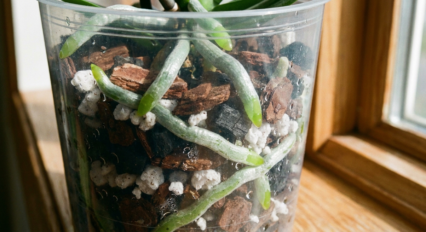 Close-up of healthy orchid roots inside a clear plastic pot, with bright green root tips and chunky bark mix, real photograph