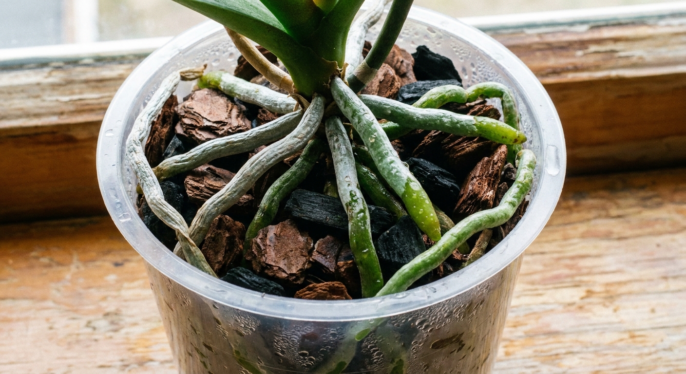 Close up of orchid roots in a clear pot showing silvery dry roots and green freshly watered roots in chunky bark