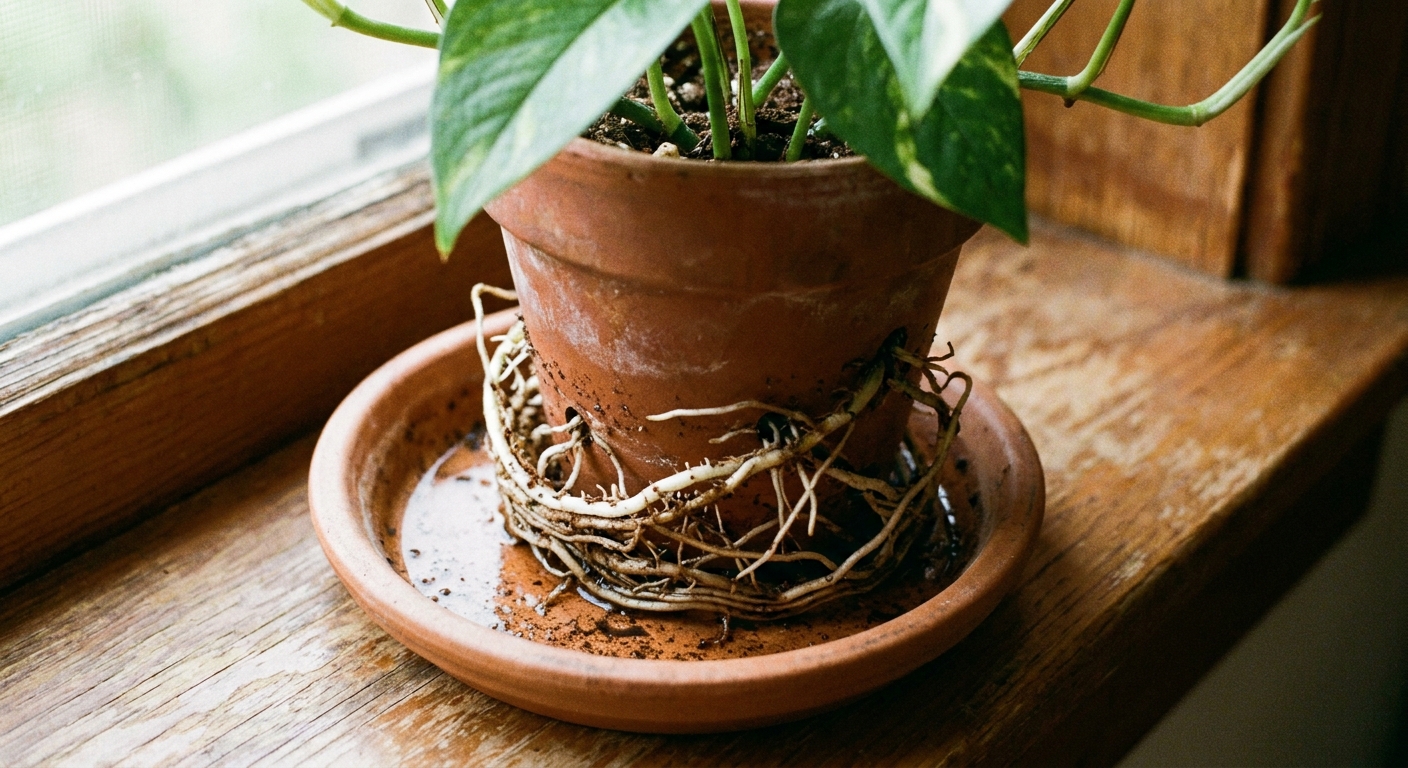 Close-up of pothos roots emerging from drainage holes of a small pot on a saucer