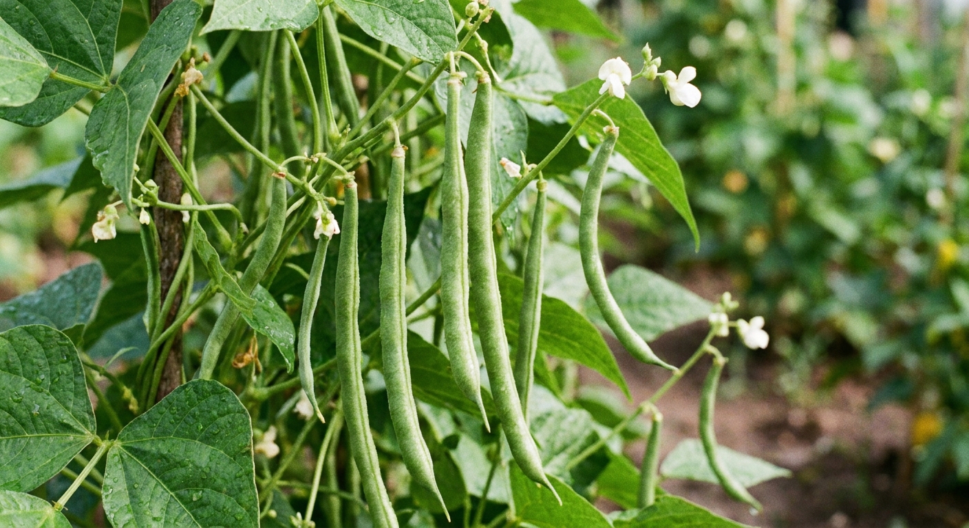 Close-up of slender green bean pods hanging from a healthy bean plant with bright green leaves, real photograph