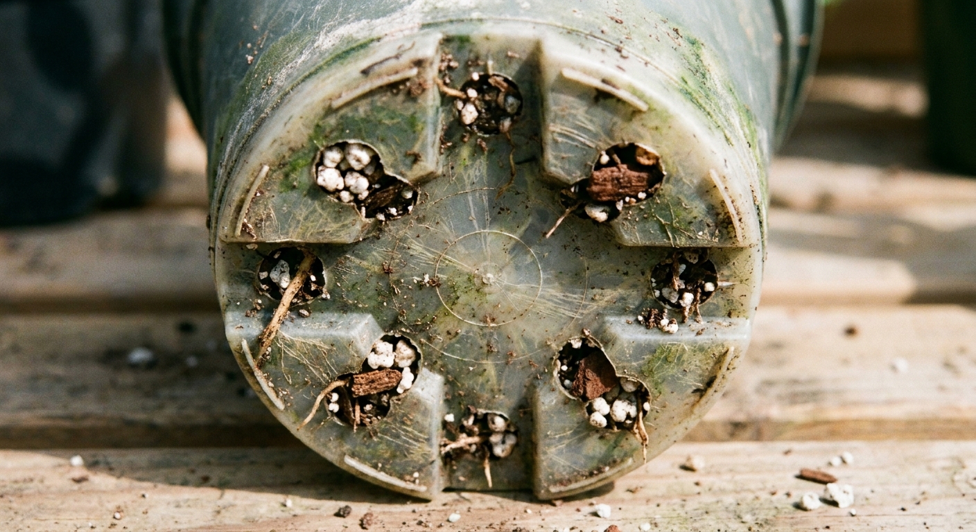 Close-up of the bottom of a nursery pot showing multiple drainage holes, with gritty potting mix visible, realistic gardening photo