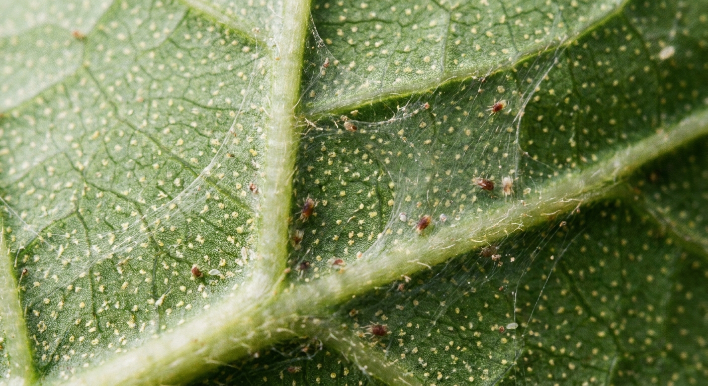 Close-up of the underside of a plumeria leaf showing light stippling and fine webbing consistent with spider mite activity, realistic macro photo