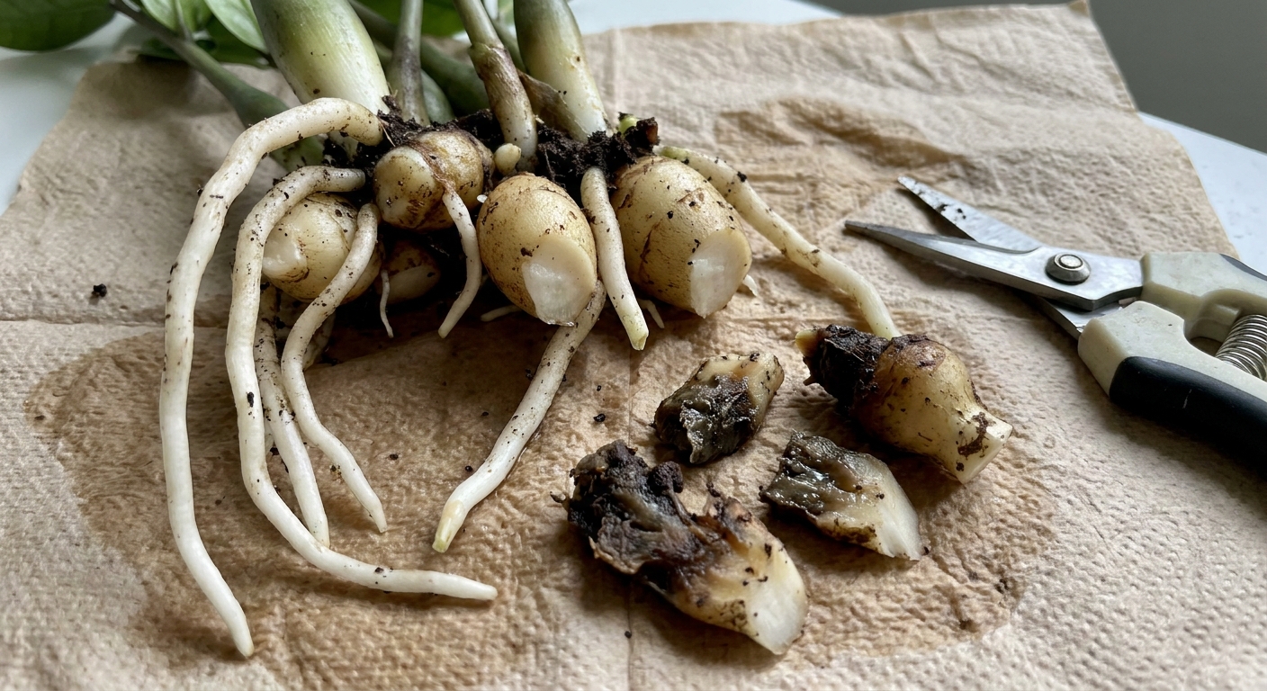 Close-up of trimmed ZZ plant roots and firm rhizomes on a paper towel, showing clean cuts and removed mushy sections, real photograph