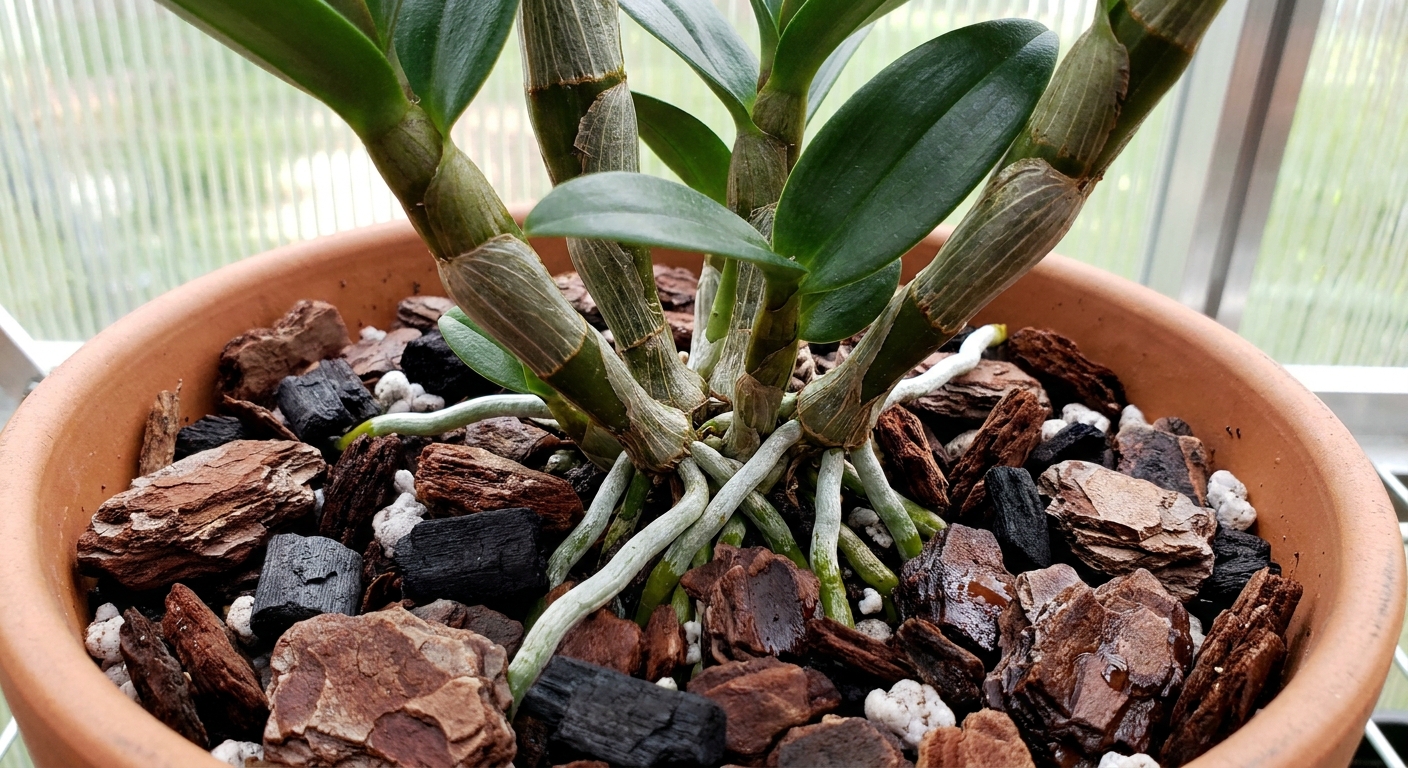 Close-up photo of Dendrobium orchid canes with glossy leaves and thick white roots weaving through chunky bark potting mix