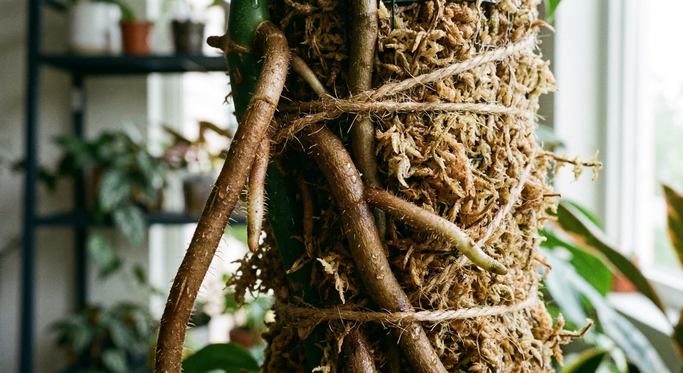 Close-up photo of Rhaphidophora tetrasperma aerial roots attaching to a moss pole indoors