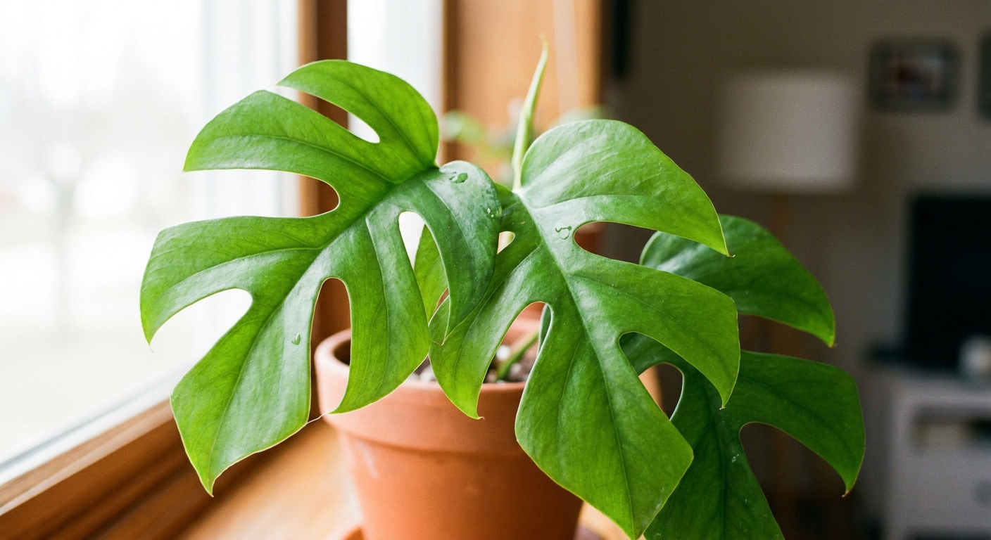 Close-up photo of Rhaphidophora tetrasperma leaves showing healthy green color and clean splits in bright indirect indoor light