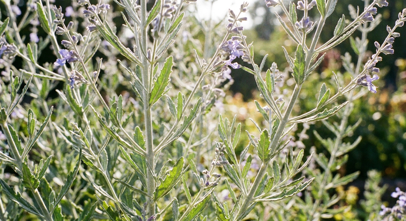 Close-up photo of Russian sage silvery stems and narrow aromatic leaves in bright full sun