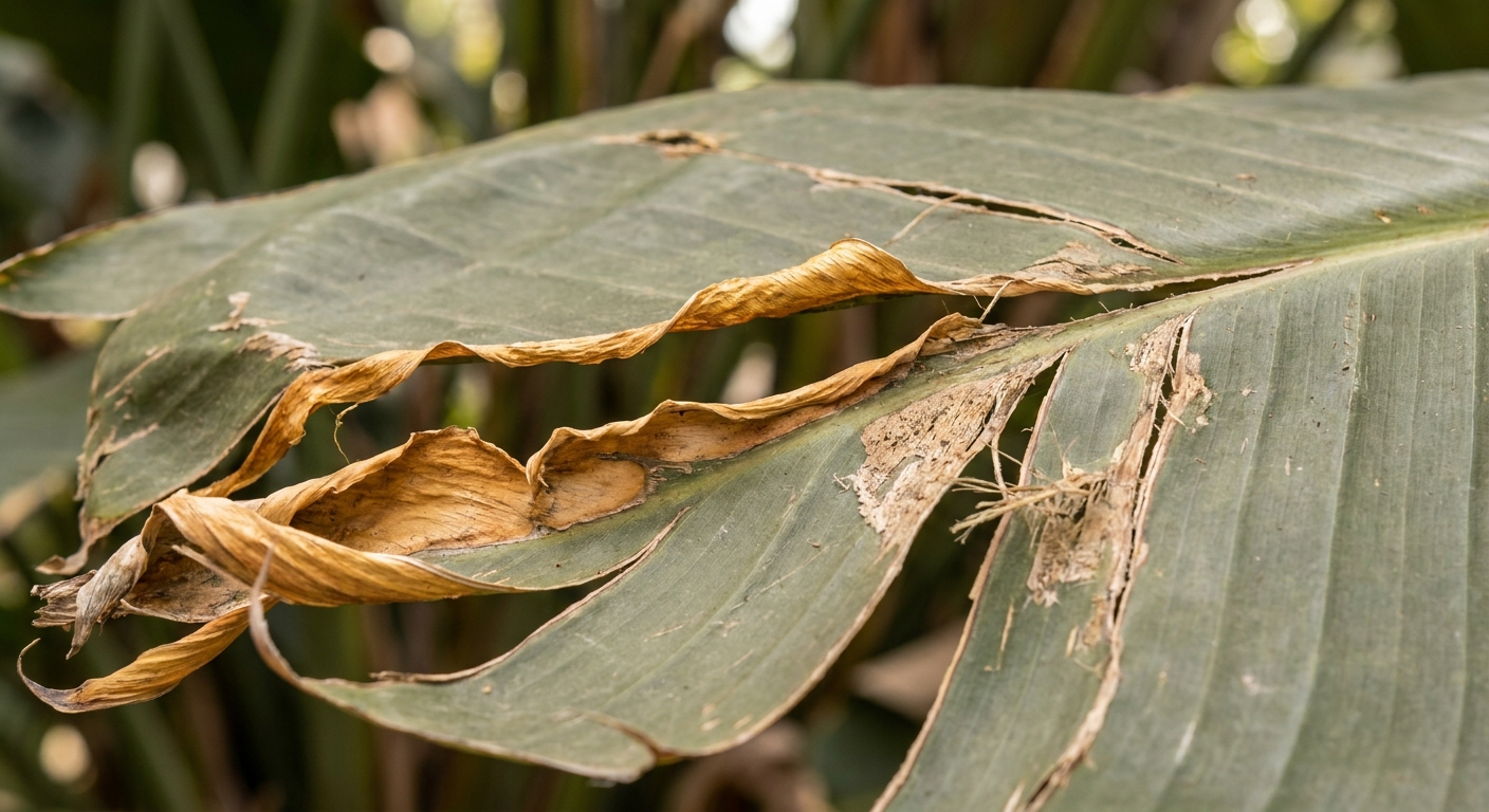 Close-up photo of a Bird of Paradise leaf with ragged tearing and brown crispy edges along the split, showing stress damage