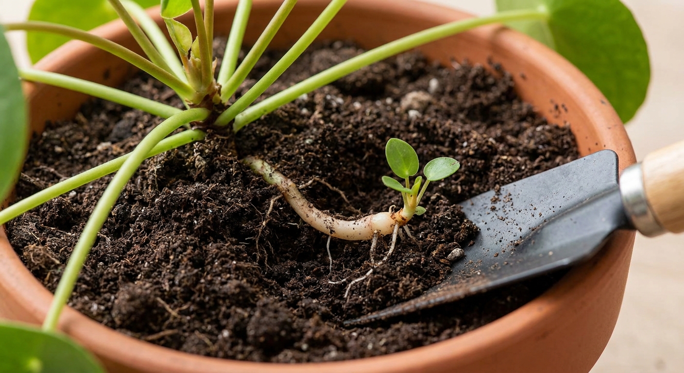 Close-up photo of a Chinese money plant pot with soil gently pulled back to reveal the pup attached to an underground runner