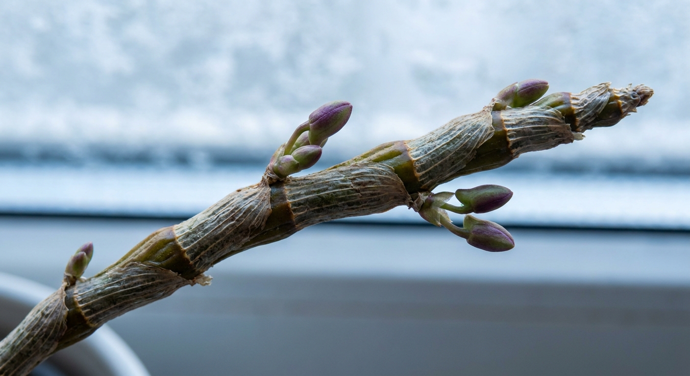 Close-up photo of a Dendrobium nobile cane with small swelling flower buds forming at the nodes during winter rest, shallow depth of field