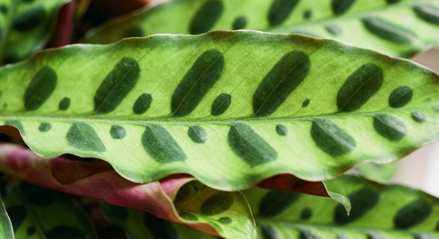 Close-up photo of a Goeppertia insignis leaf showing the wavy edge and rows of dark oval spots on a bright green leaf surface