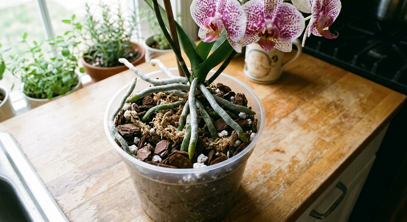Close-up photo of a Phalaenopsis orchid in a clear plastic pot showing healthy green and silvery roots in bark mix on a kitchen counter