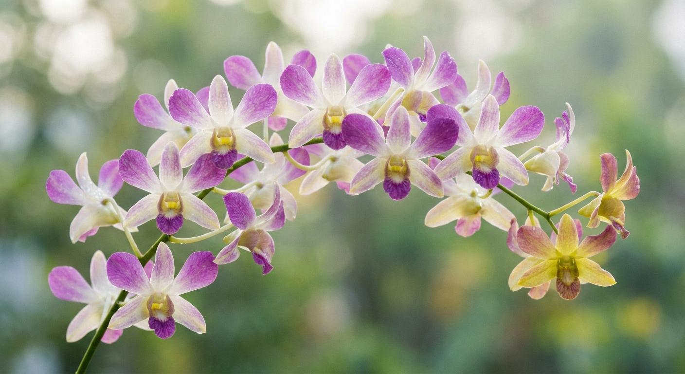 Close-up photo of a blooming Dendrobium orchid with multiple star-shaped flowers on an arching stem, soft natural light and blurred background
