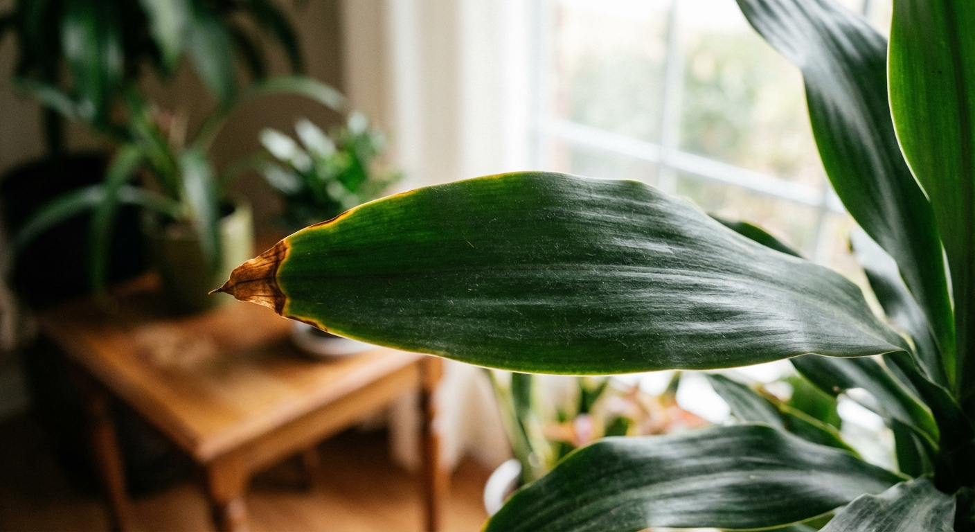 Close-up photo of a dracaena leaf with a browned tip and faint yellowing along the edge, indoors under natural light, realistic plant photography