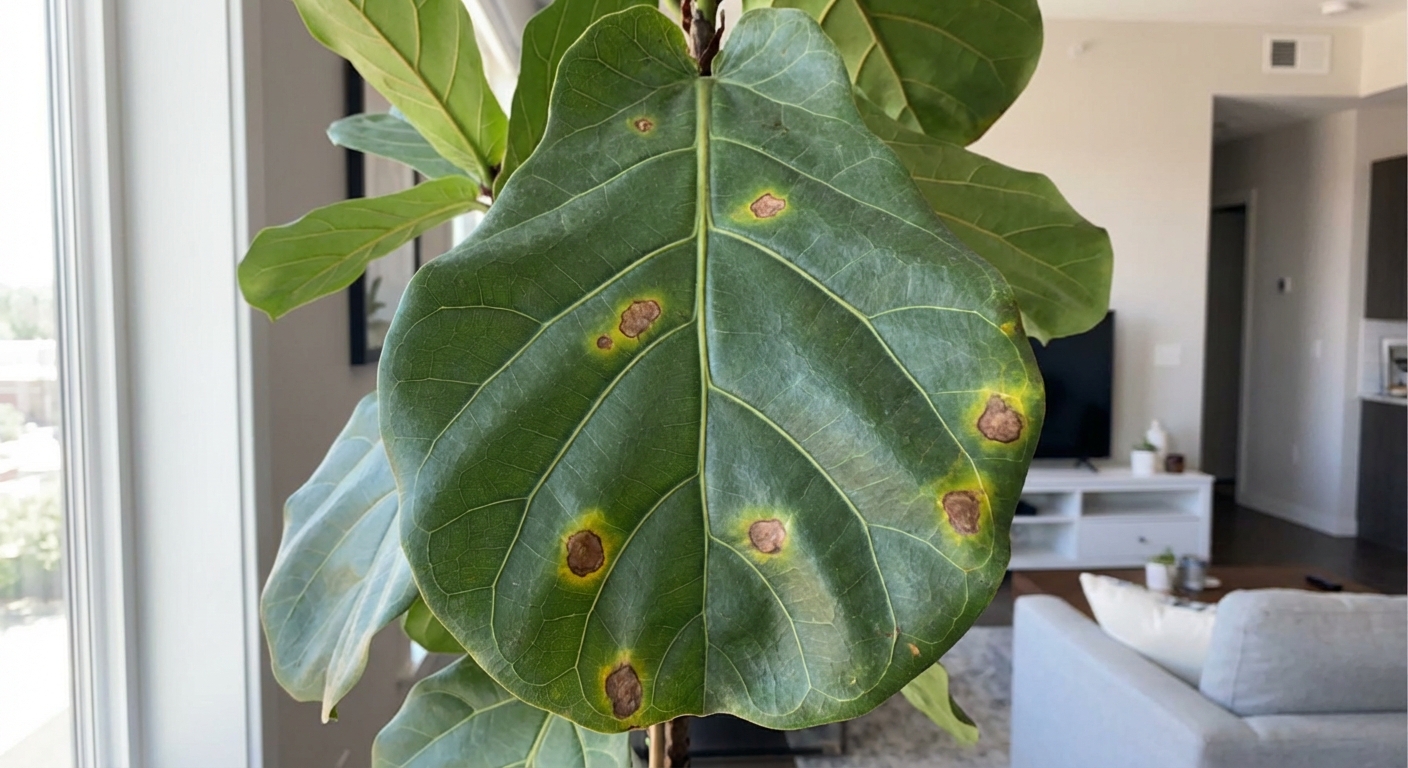 Close up photo of a fiddle leaf fig leaf showing several brown spots and yellowing around the spots, leaf texture clearly visible, indoor natural light