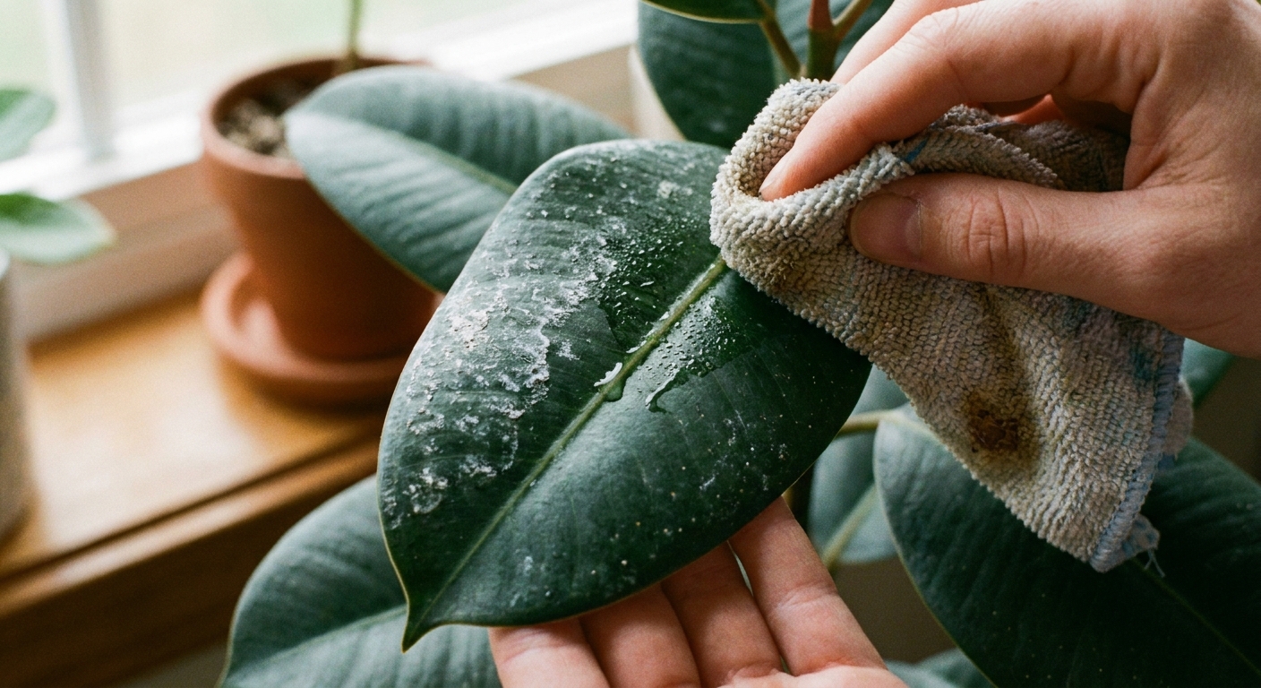 Close-up photo of a green houseplant leaf with white mineral spots being gently wiped with a damp cloth, realistic macro photography