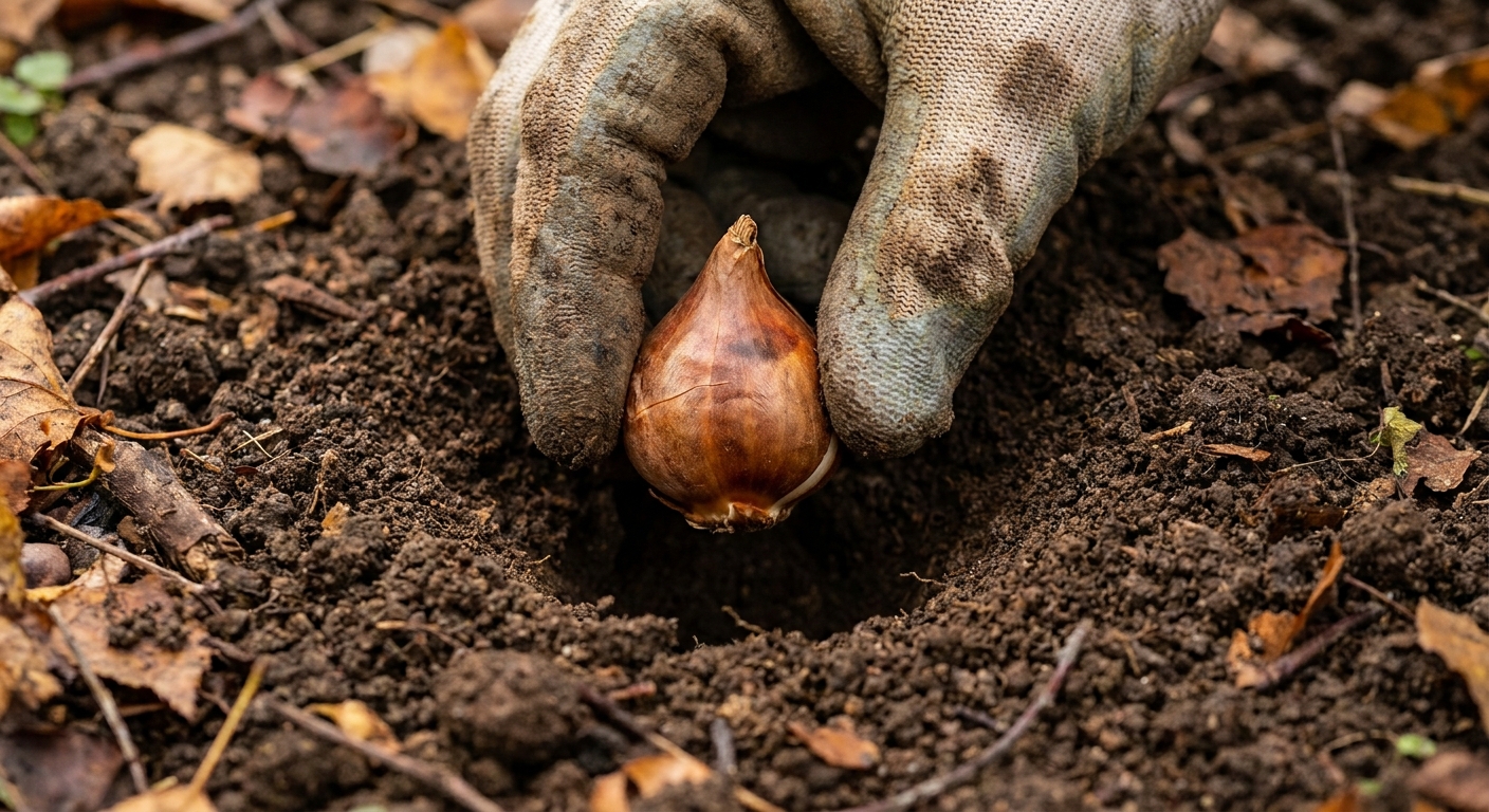 Close-up photo of a hand placing a tulip bulb pointy side up into a planting hole in dark fall soil