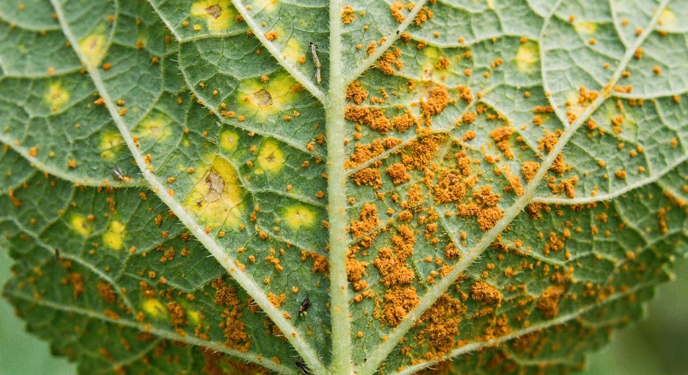Close-up photo of a hollyhock leaf showing orange rust pustules on the underside with yellow spotting visible on the leaf surface