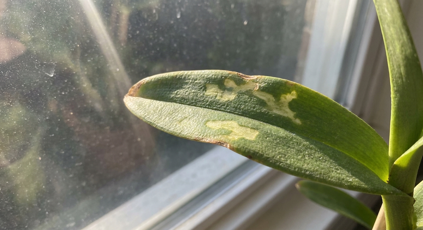 Close-up photo of a reed-stem Epidendrum orchid leaf with pale sun-stressed patches near a bright window, showing early signs of too much direct sun