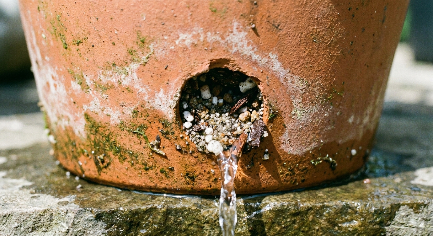 Close-up photo of a terracotta pot drainage hole with gritty potting mix visible and water draining freely
