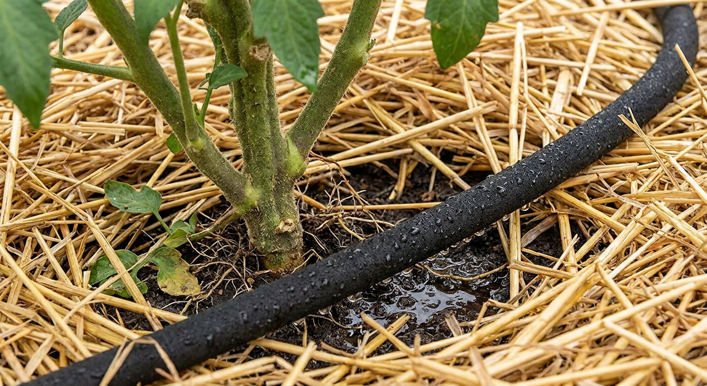 Close-up photo of a tomato plant base with straw mulch around the root zone and a soaker hose delivering water slowly into the soil