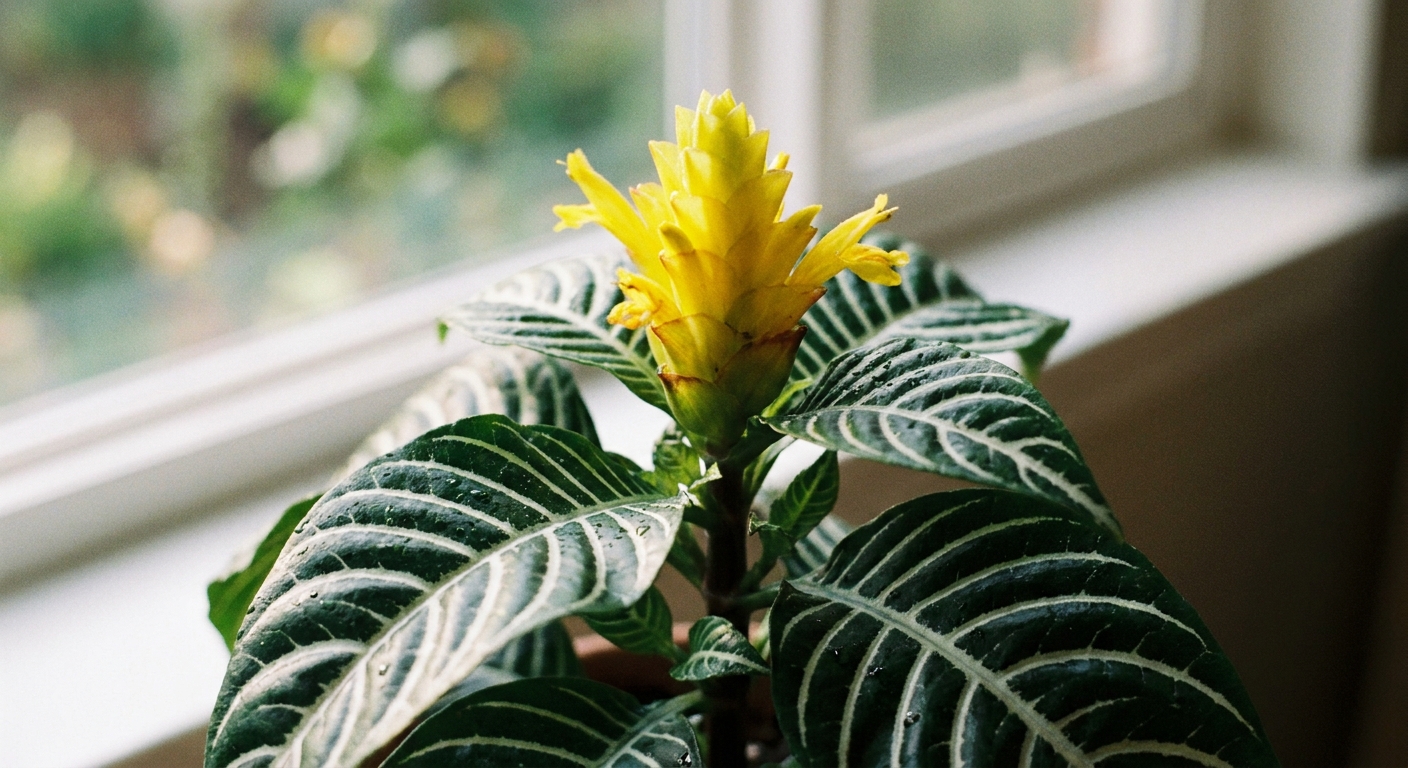 Close-up photo of a zebra plant with a bright yellow flower bract emerging above striped leaves, soft natural window light