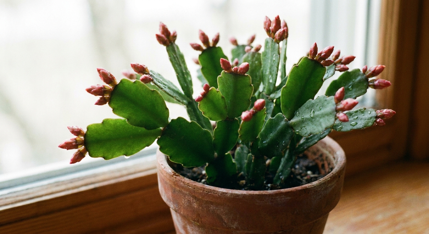 Close-up photo of an Easter cactus with small flower buds forming at the tips of green segmented stems, soft natural light