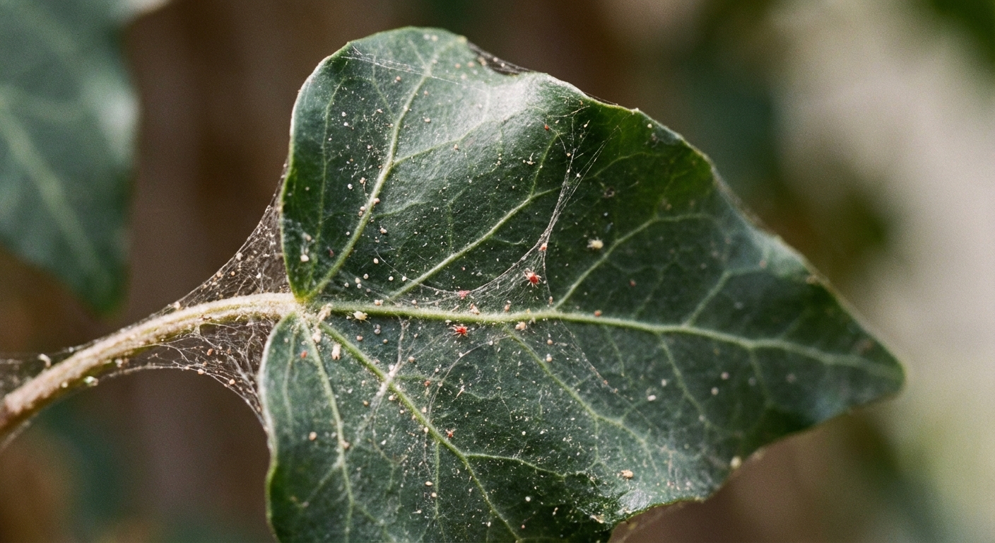 Close-up photo of an English ivy leaf showing fine spider mite webbing along the leaf veins and stem junction, high detail, realistic macro photography