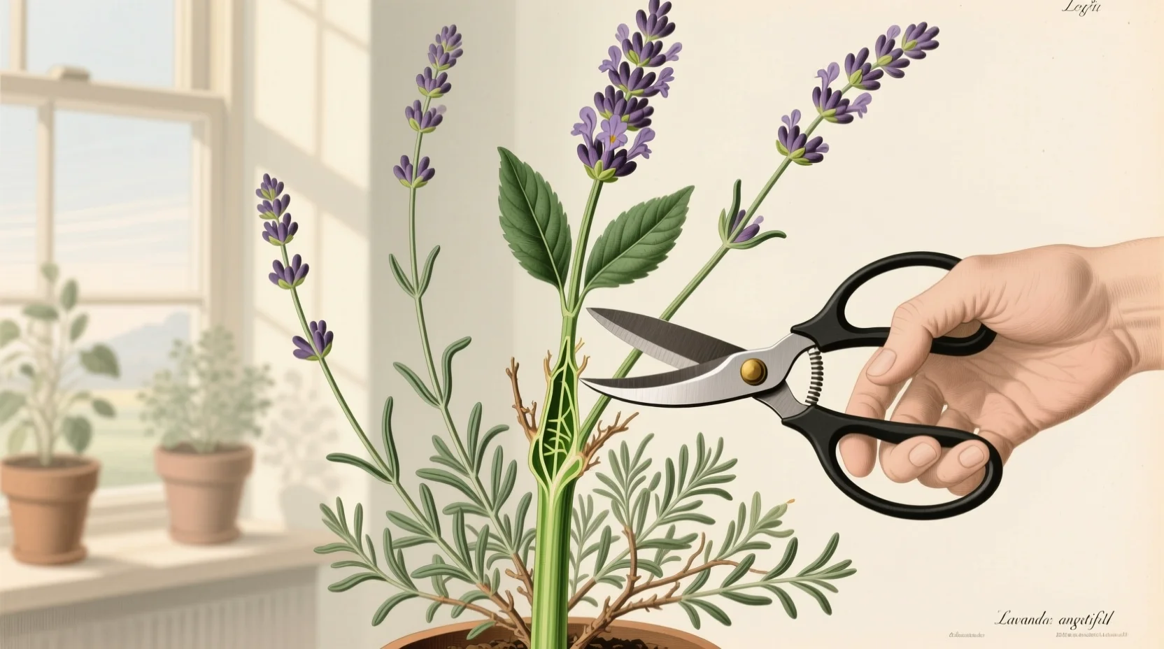 Close-up photo of clean bypass pruners cutting a green lavender stem above fresh leaves, with a blurred garden background
