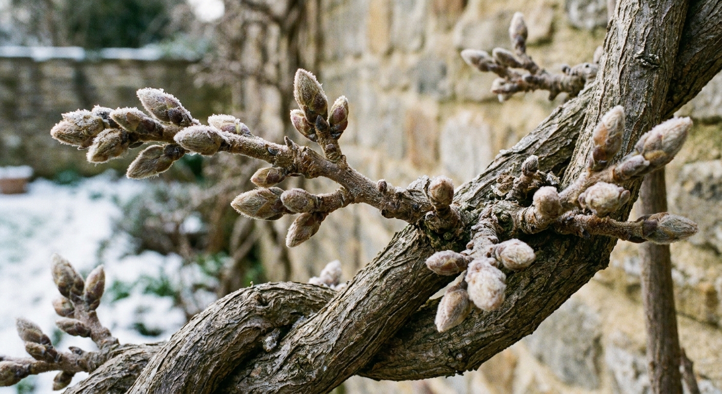 Close-up photo of dormant wisteria spurs on a woody vine in winter, with visible plump buds along the stem