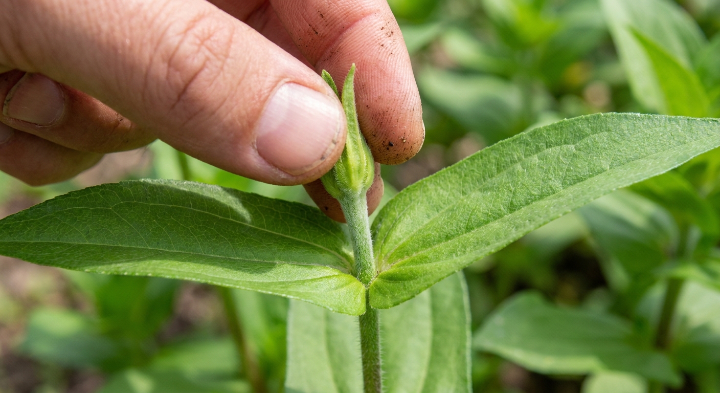 Close-up photo of fingers pinching the soft tip of a zinnia plant just above a leaf node, with healthy green leaves