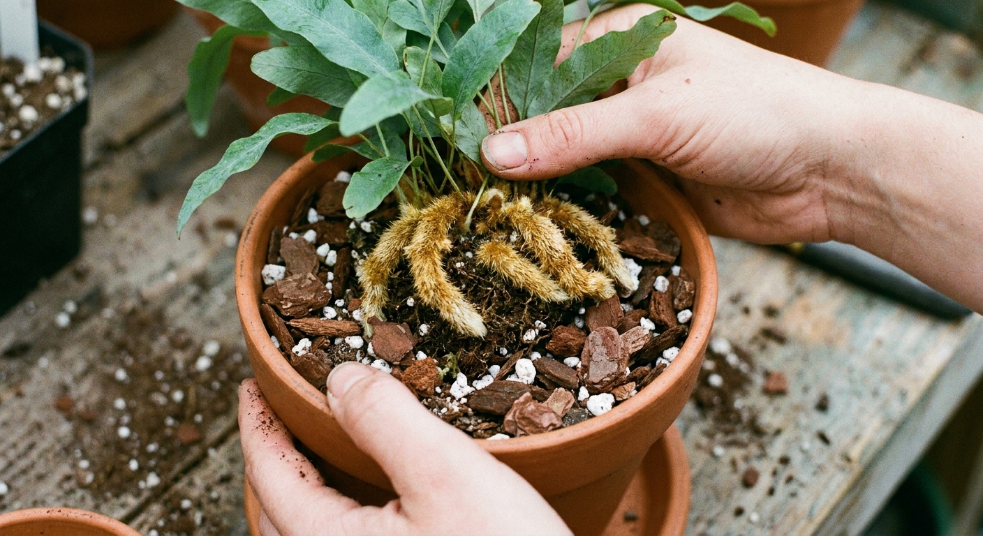 Close-up photo of hands repotting a Blue Star Fern, showing fuzzy surface rhizomes resting above an airy potting mix in a pot with drainage