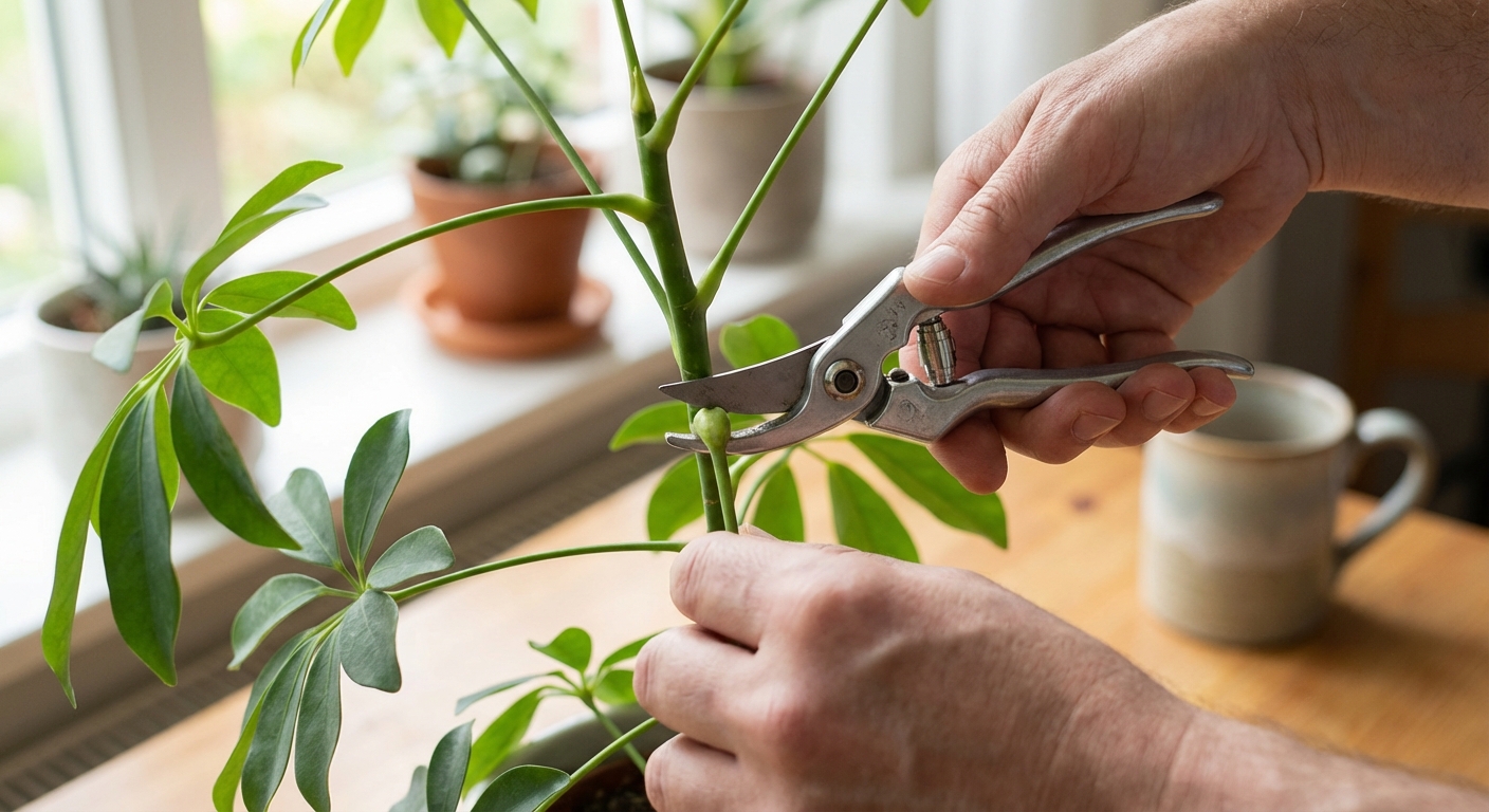 Close-up photo of hands using clean pruning shears to cut a schefflera stem just above a leaf node, indoor plant on a table in natural light, photorealistic