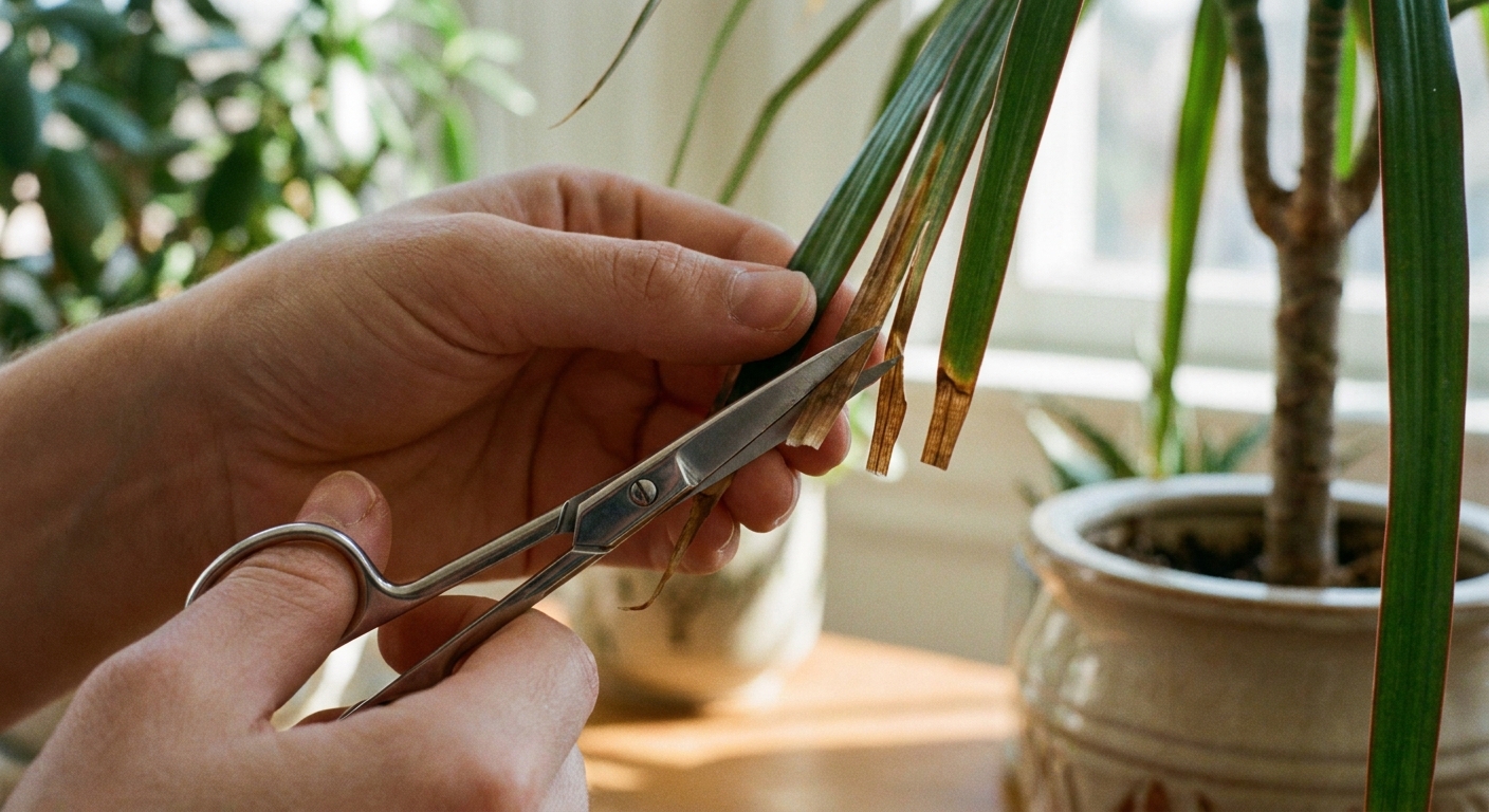 Close-up photo of hands using clean scissors to trim brown tips from a dracaena leaf, indoor plant care scene