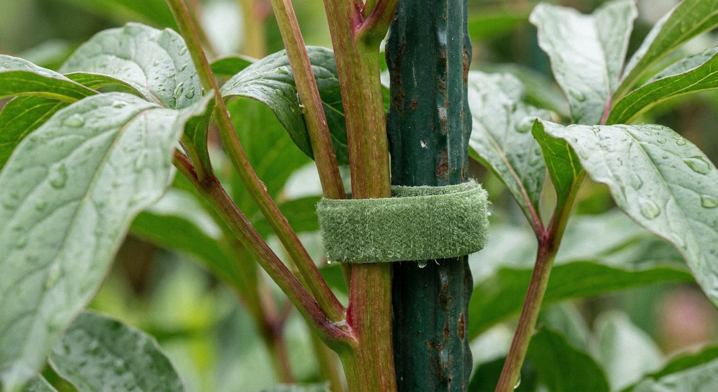 Close-up photo of peony stems gently secured to a green metal support using a soft Velcro plant tie, with leaves partially covering the tie