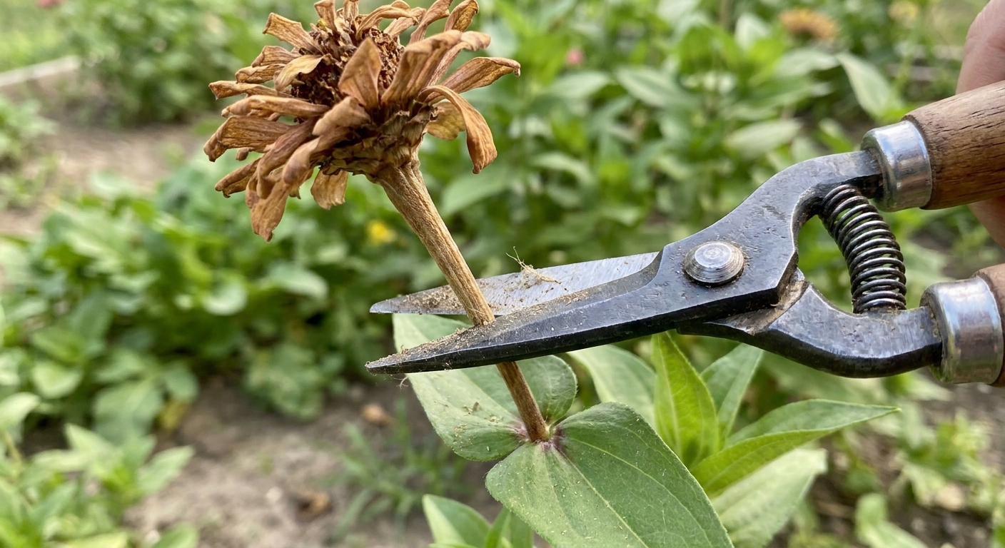 Close-up photo of pruning snips cutting a faded zinnia flower stem just above a leaf node in a garden