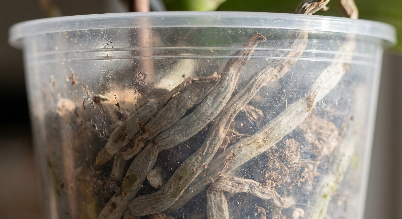 Close-up photo of shriveled, flattened Phalaenopsis orchid roots pressed against the inside of a clear nursery pot