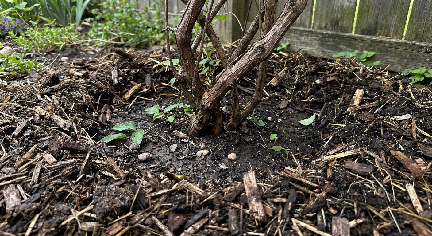 Close-up photo of the base of a clematis vine with a thick ring of organic mulch keeping soil shaded, with stems kept clear of direct mulch contact